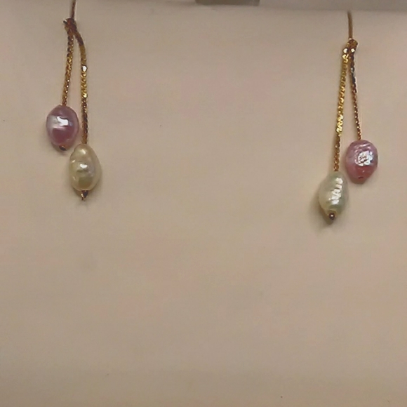 14K Gold Genuine Multicolor Pearl Dangling Earrings - Picture 3 of 5